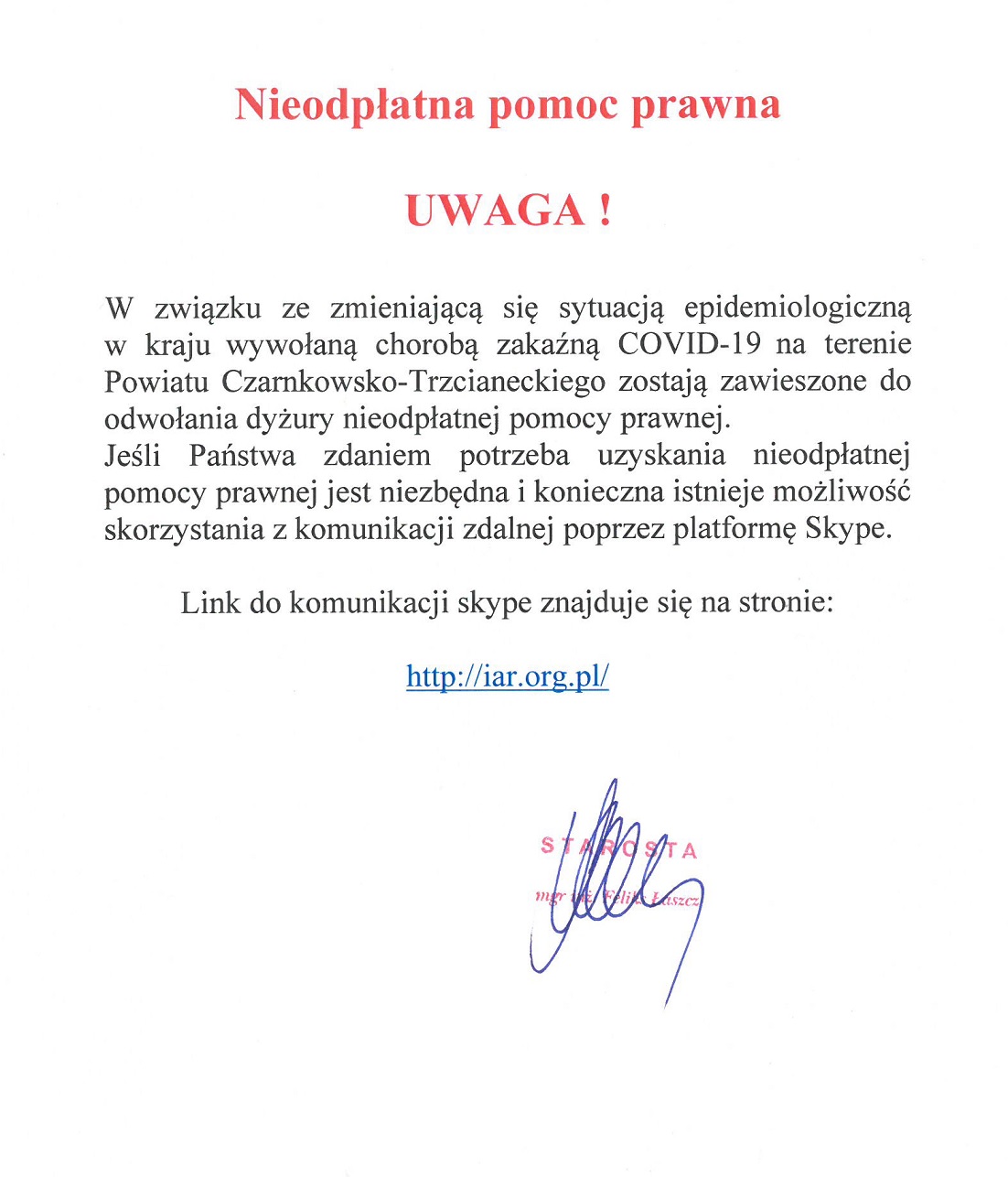 NIeodpłatna pomoc prawna - zawieszenie dyżurów
