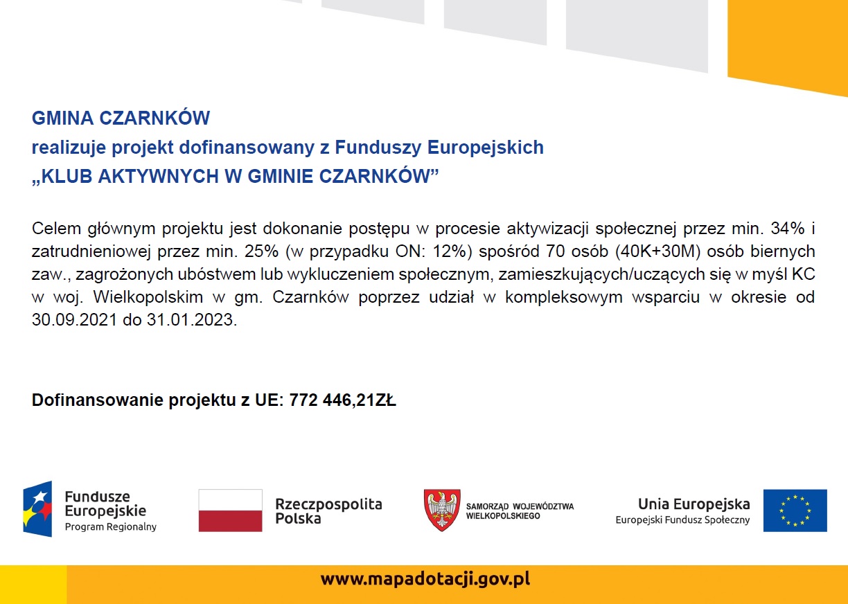 Celem głównym projektu jest dokonanie postępu w procesie aktywizacji społecznej przez min. 34% i zatrudnieniowej przez min. 25% (w przypadku ON: 12%) spośród 70 osób (40K+30M) osób biernych zaw., zagrożonych ubóstwem lub wykluczeniem społecznym, zamieszkujących/uczących się w myśl KC w woj. Wielkopolskim w gm. Czarnków poprzez udział w kompleksowym wsparciu w okresie od 30.09.2021 do 31.01.2023.